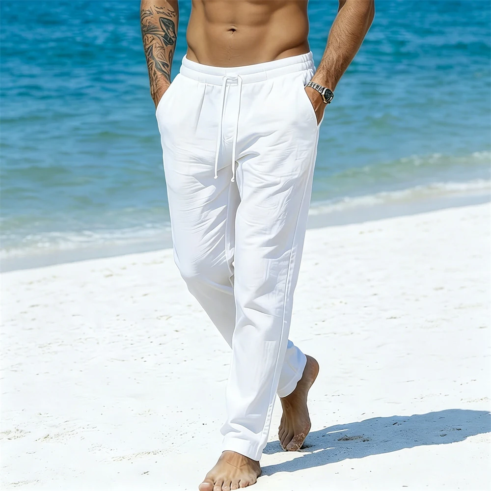 Herren Baumwoll-Leinen Lange Hosen Einfarbig Atmungsaktiv Leicht Strand-Stil Urlaub Bequeme Lange Hosen mit Elastischem Bund Image
