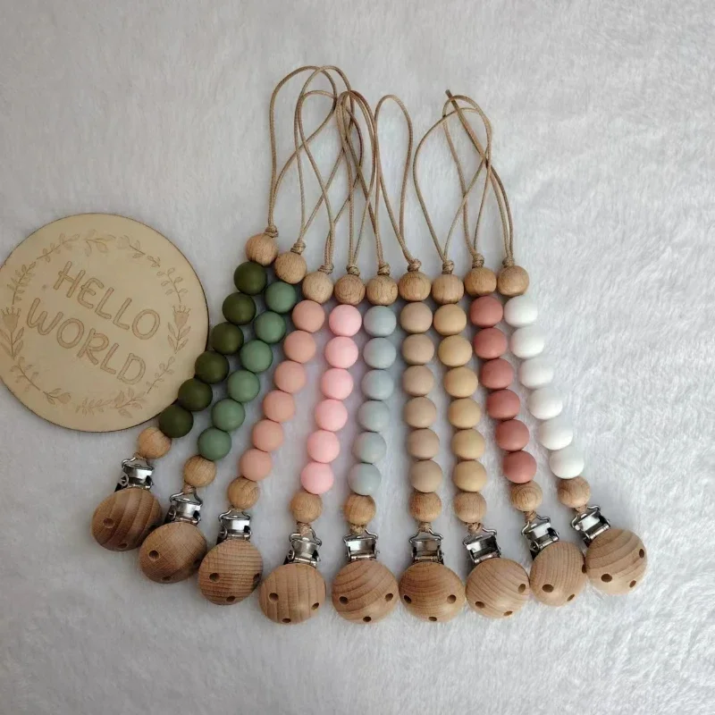 Baby Schnuller Clip Holz Farbe Silikon Perle Säuglings Beißring Schnuller Anti-drop Kette Neugeborenen Sicher Zahnen Spielzeug Dummy Nippel halter Image