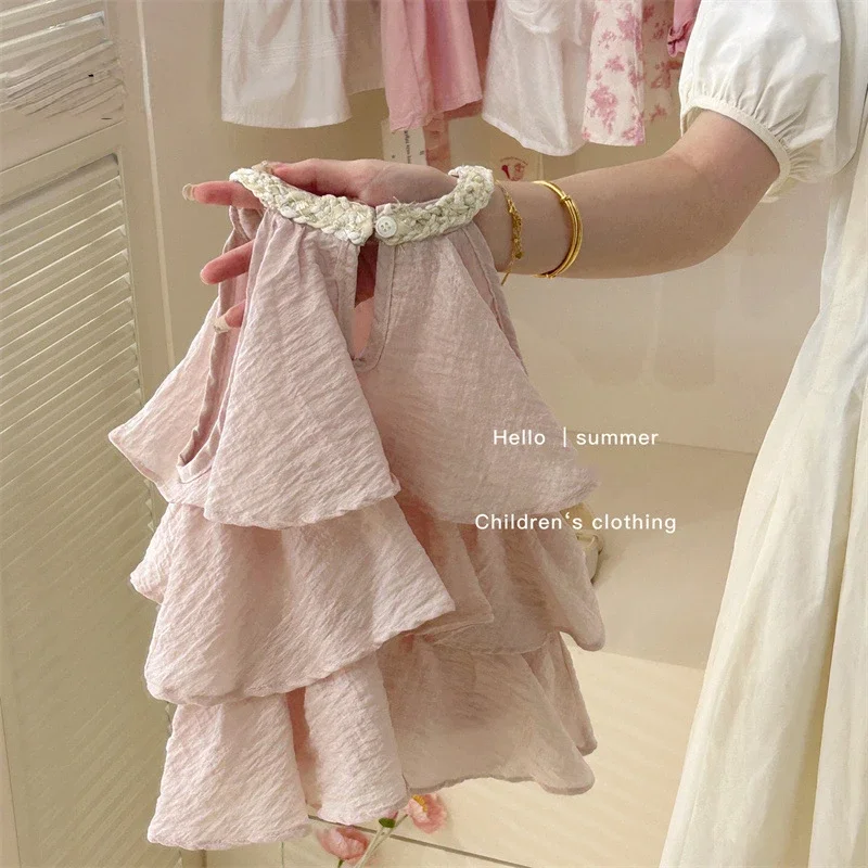 Mädchen Freizeit kleider Sommer neue Kinder Kleidung süße Weste Baby Kuchen runden Kragen Mode soild süß rosa Image