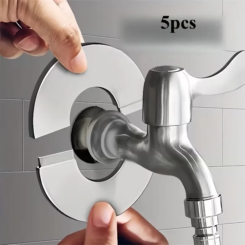 5 Stück Edelstahl-Wasserhahn-Dekorabdeckungen, selbstklebend, für Wasserhahn, Dusche, Wasserleitung, Chrom-Finish, Wandabdeckungen, Badezimmerzubehör Image