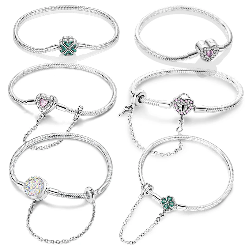 Original 925 Silber Armband Original Klee Herz Schlange Kette Armbänder Fit Charms Perlen Schmuck Geschenk Diy Für Frau Hochzeit Image