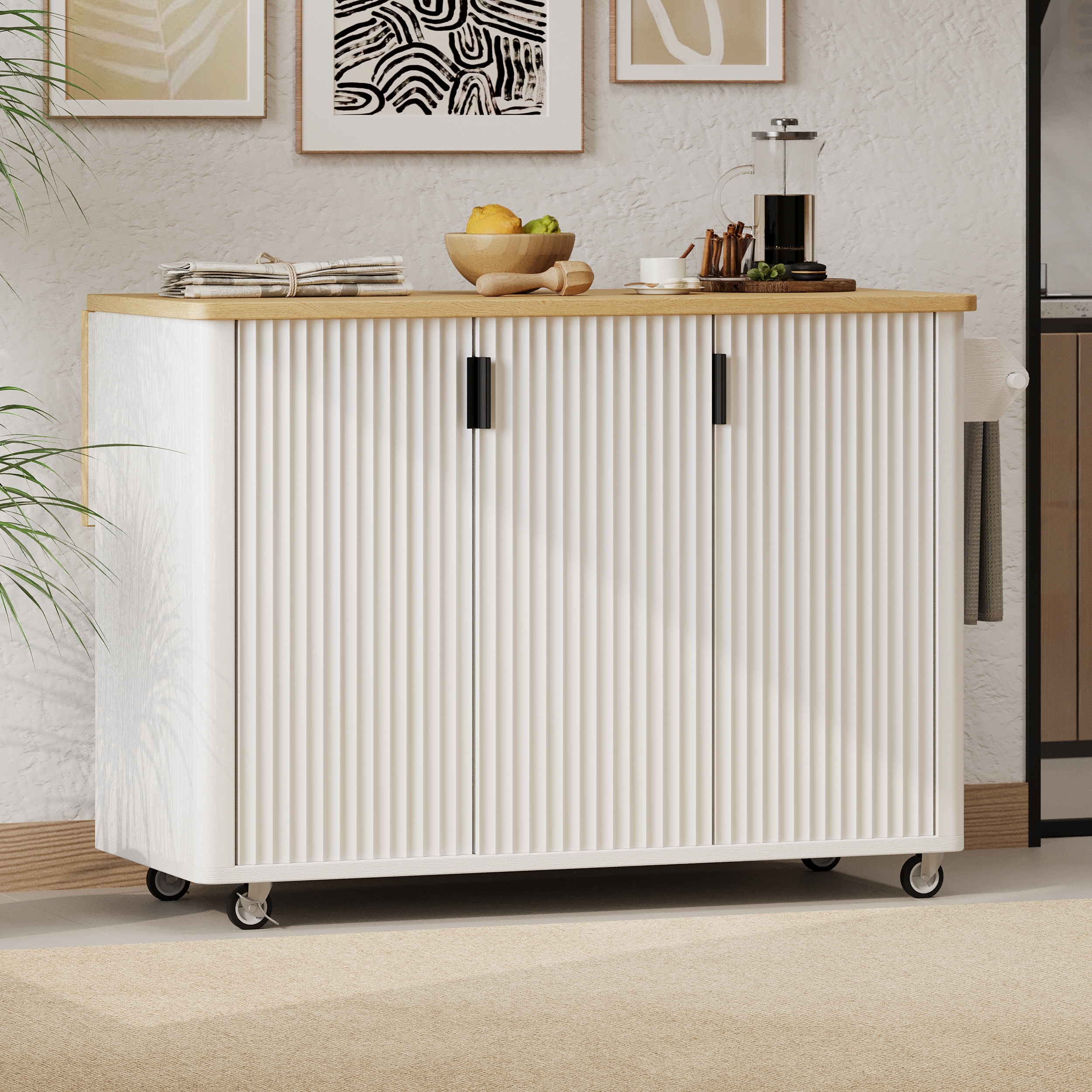 51" Fluted Kitchen Island with Drop Leaf, Farmhouse Accent Kitchen Island on Wheels, Rolling Kitchen Cart with Towel Rack