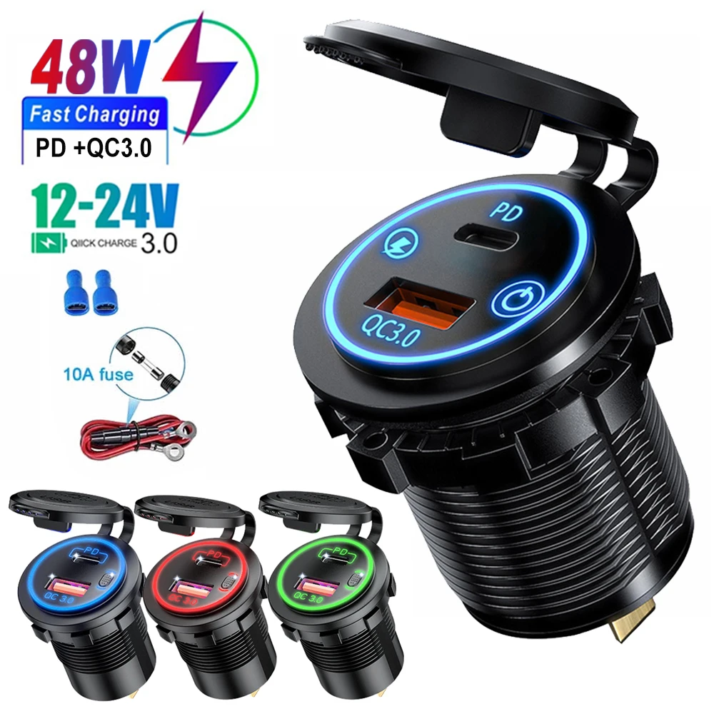 Dual-USB-Autoladegerät 12V 24V Zigarettenanzünder-Adapter Schnellladeanschluss mit Schalter für Auto, Motorrad, LKW, Wohnmobil