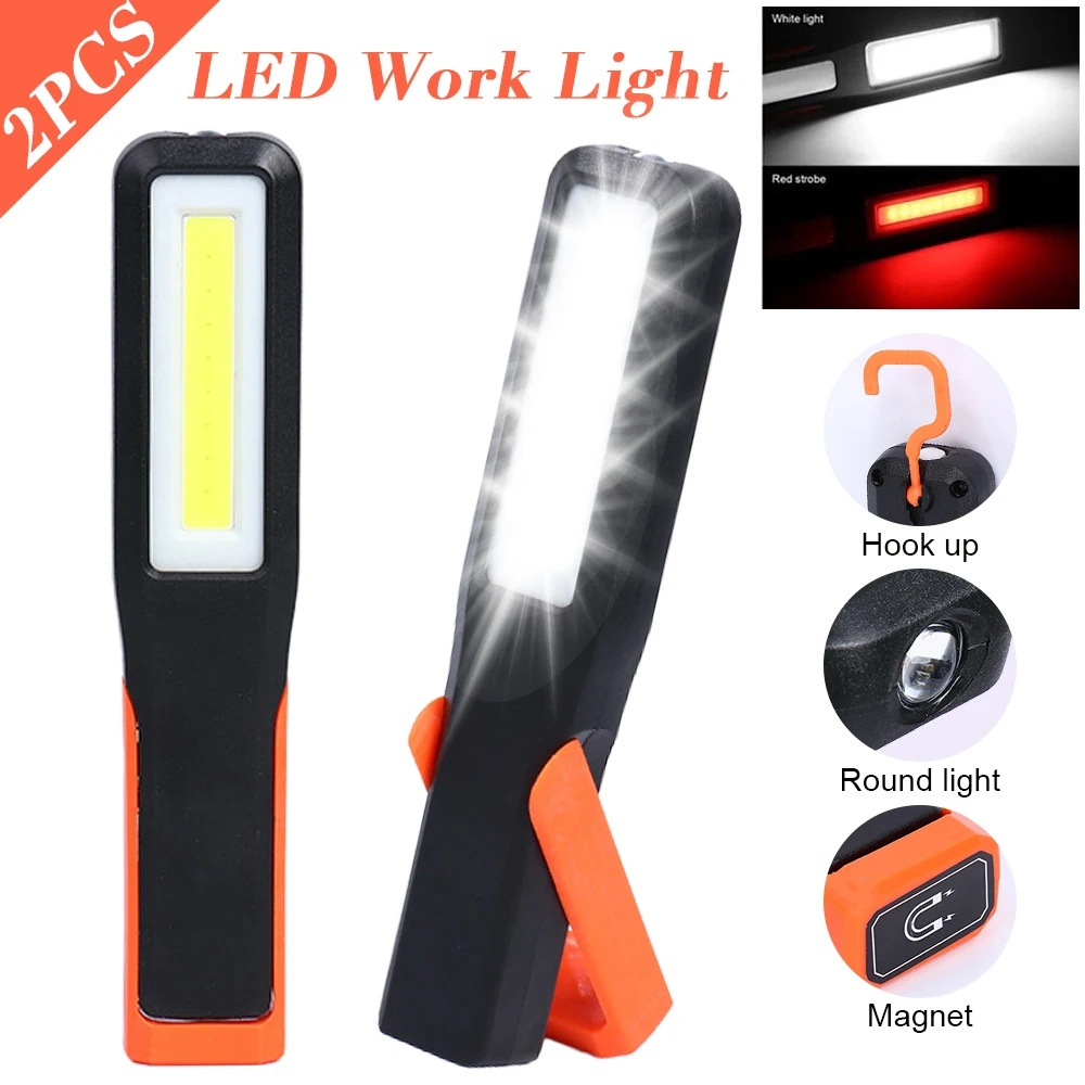 Lot de 2 lampes de travail LED COB puissantes, lampe de mécanicien pour garage automobile, lampe torche rechargeable, torche magnétique, lumière d'urgence, lumière d'avertissement