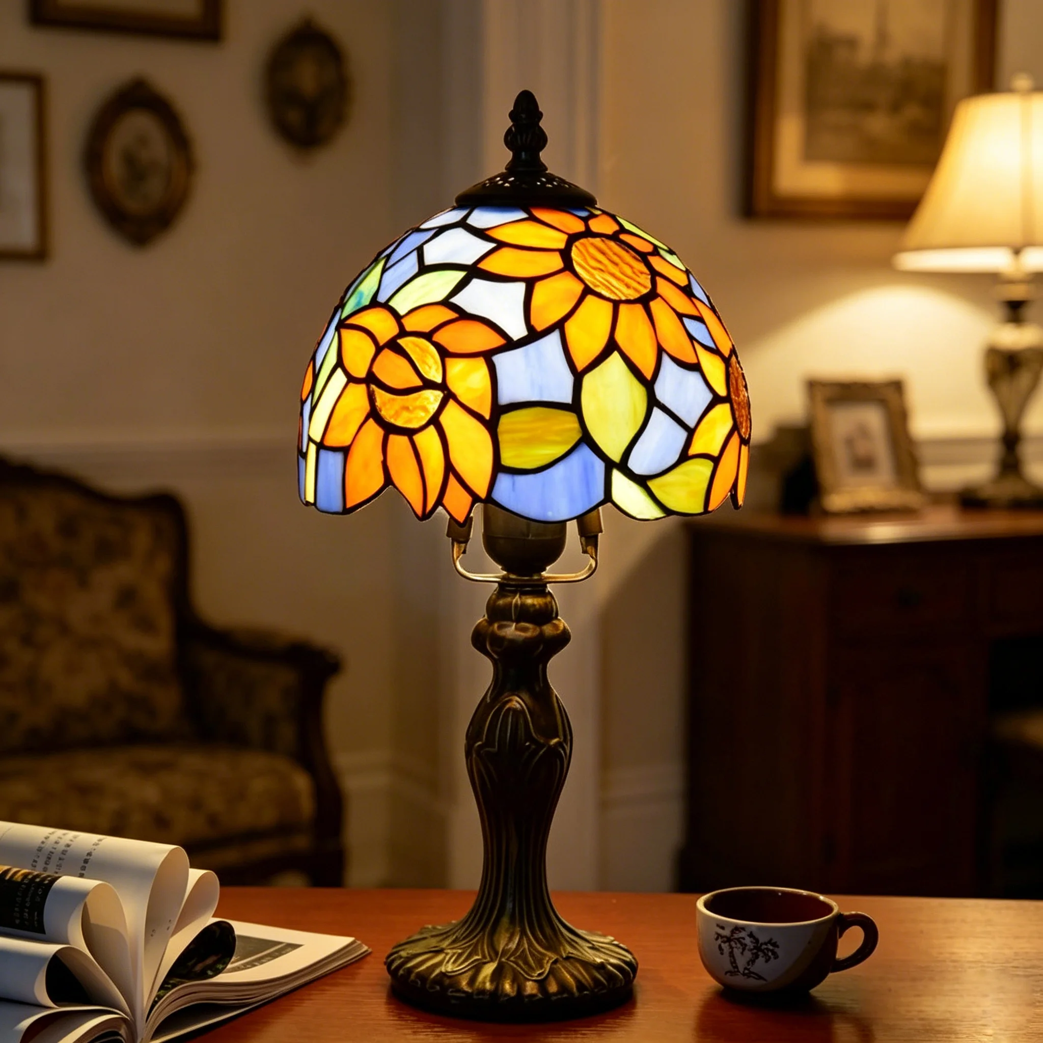 Tiffany Tischlampe Sonnenblume Buntglas-Lampe, 8 Zoll Vintage Leselampe für Schlafzimmer Wohnzimmer Zuhause, Handgefertigte Leuchte