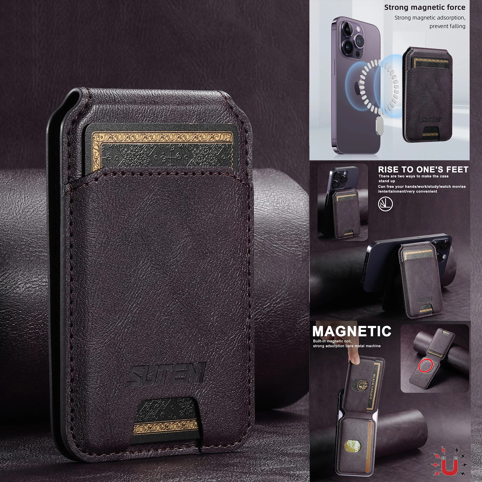 Eucagr pu leder brieftasche für iphone 15 pro 14 plus 13 12 pro max magsafe kabelloser lade karten halter mit magsafe magnet Image