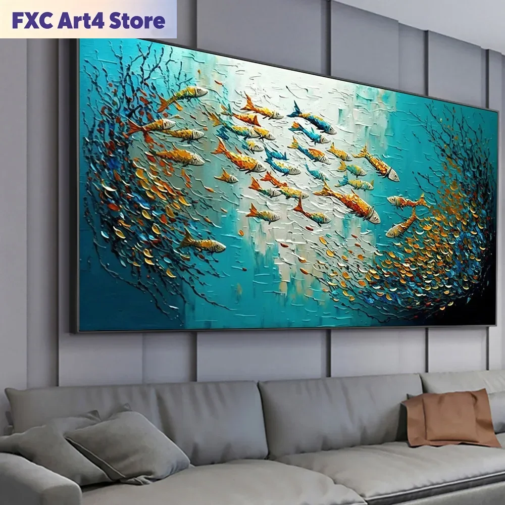 Rahmenloses abstraktes blaues Meeresfisch-Leinwandgemälde, nordische Kunst, Graffiti, große Poster, Druck, moderne Wohnzimmer-Dekoration Image
