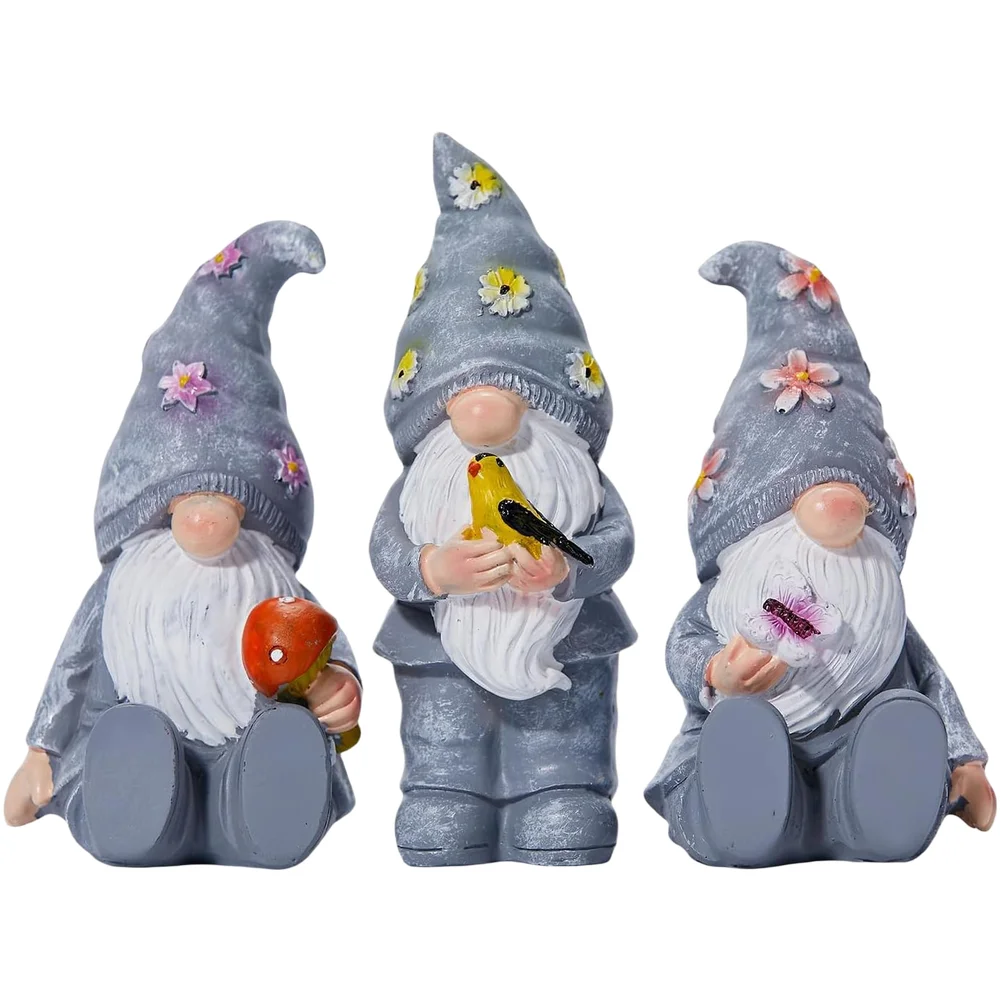 Statue de jardin en résine colorée, motif gnome gris, figurines de jardin en résine colorées, statue de jardin résistante aux intempéries, design complexe