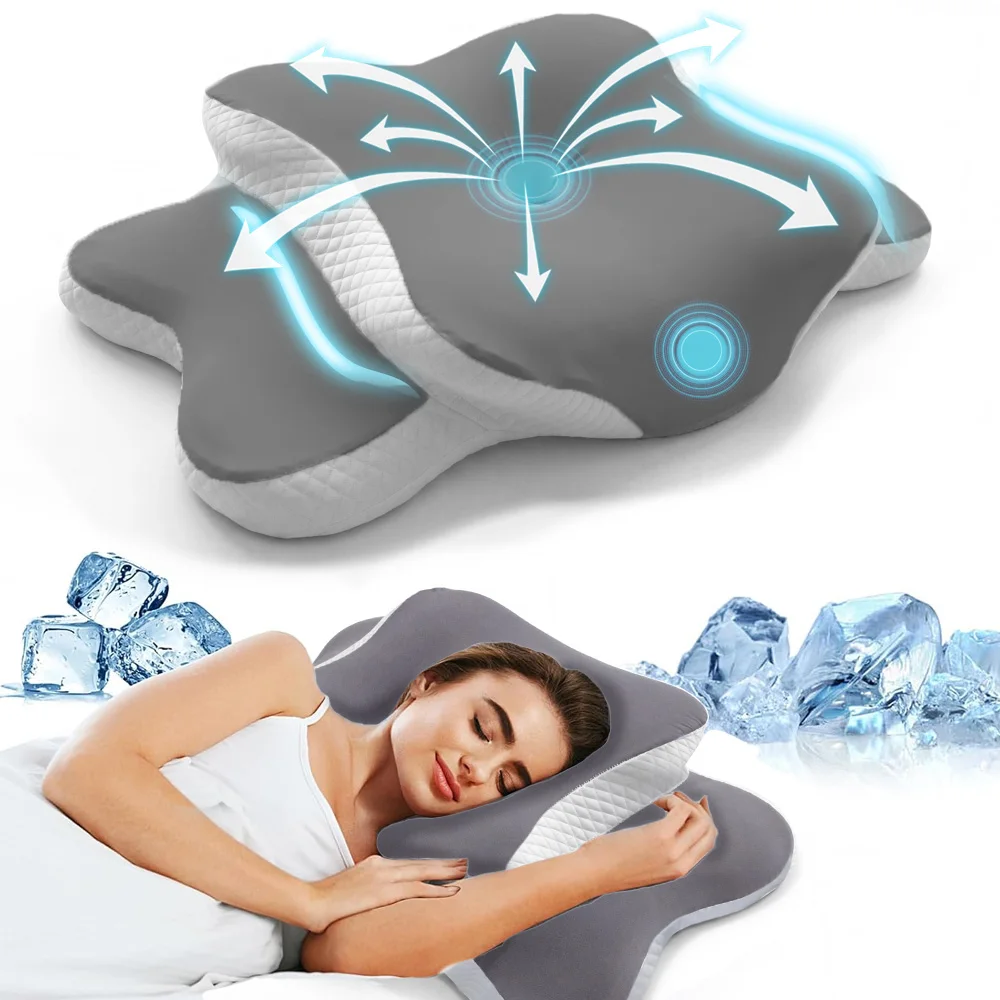 Ergonomisches Nackenkissen aus Memory-Schaum zur Schmerzlinderung mit Eisseide-Kissenbezug, Verstellbar für Rücken- und Seitenschläfer Image