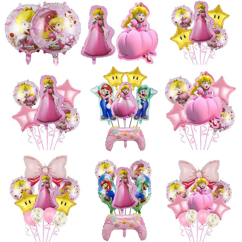 2026 Neues Prinzessin Peach Folienballon-Set Spielthemen-Partyballons für Mädchen Rosa Stern-Schleife Deko-Kit für Kinderparty-Zubehör Image