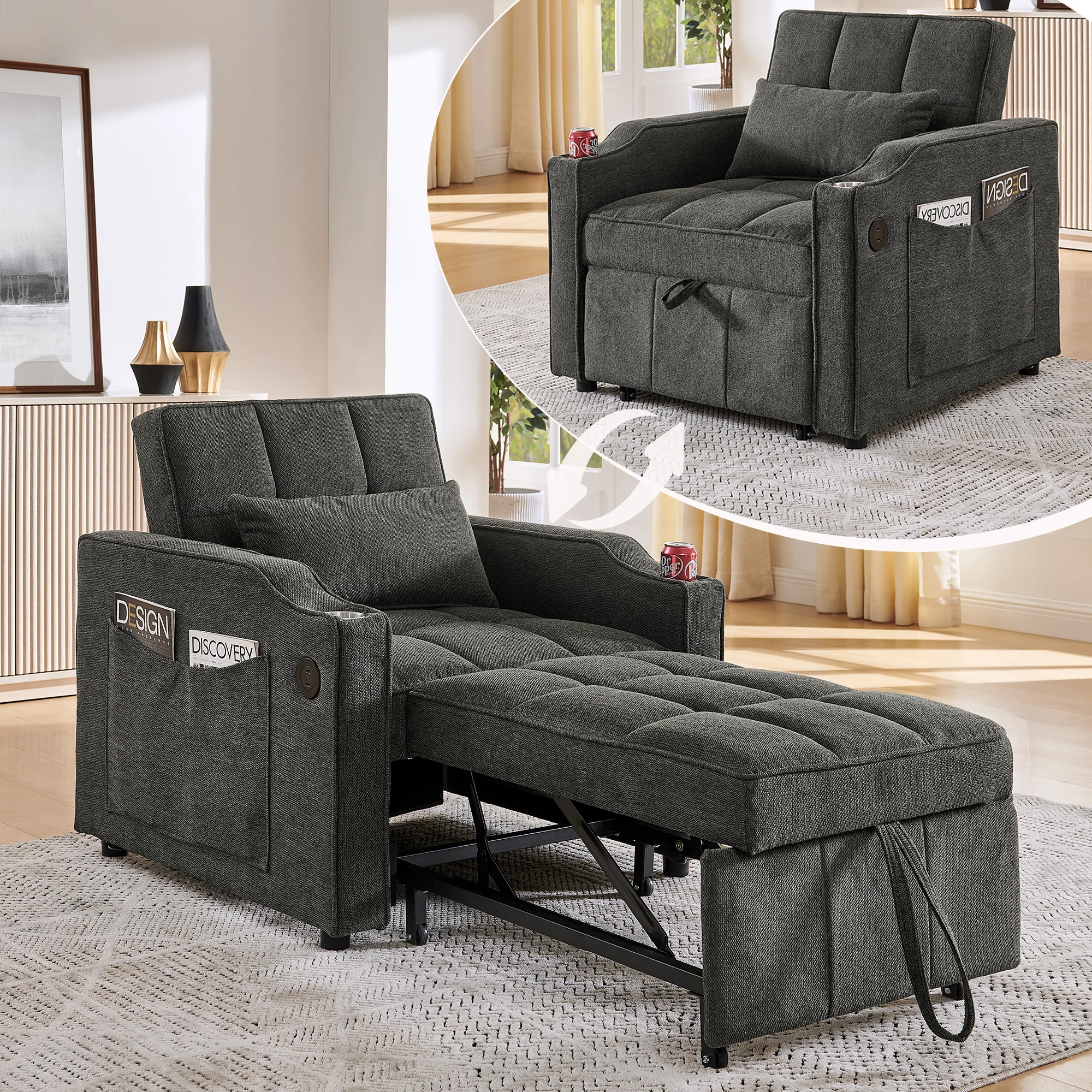 Grauer 3-in-1 Schlafsessel mit USB/Typ-C-Anschluss – Schlafsofa 190 cm mit Edelstahl-Getränkehalter, 3-fach verstellbarer Rückenlehne und Seitentaschen – Platzsparend für kleine Räume & Gäste – Image