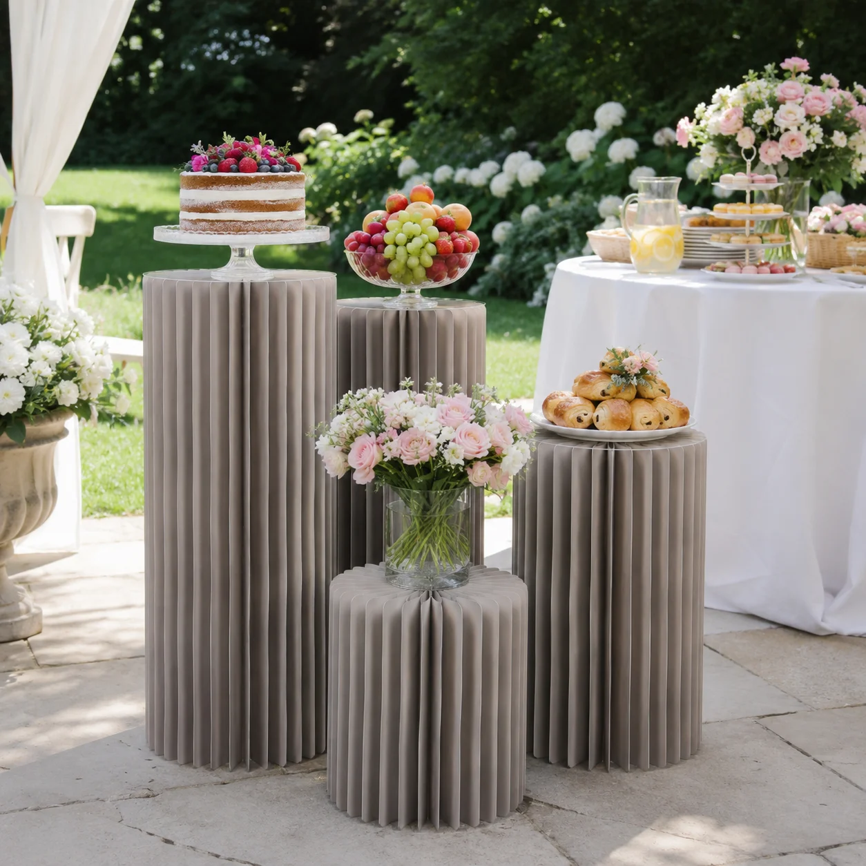 Graue Papier-Waben-Zylinder-Ständer-Set, Runde Kuchen-Präsentationssäulen für Hochzeit, Geburtstag, Feiertage, DIY-Dekorationen Image