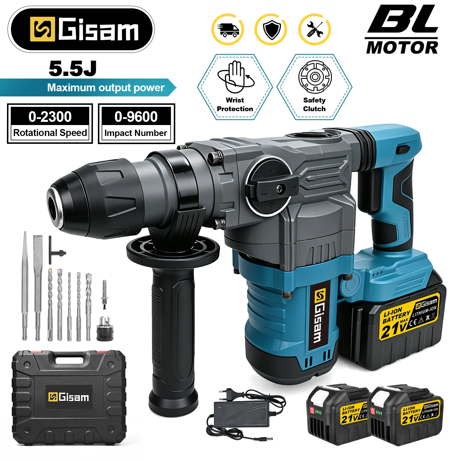 Gisam 5.5J Bürstenloser Elektrohammer, 2 Modi, Hochleistungs-Bohrhammer, Beton-Schlagwerkzeug für Makita 18V Akku Image