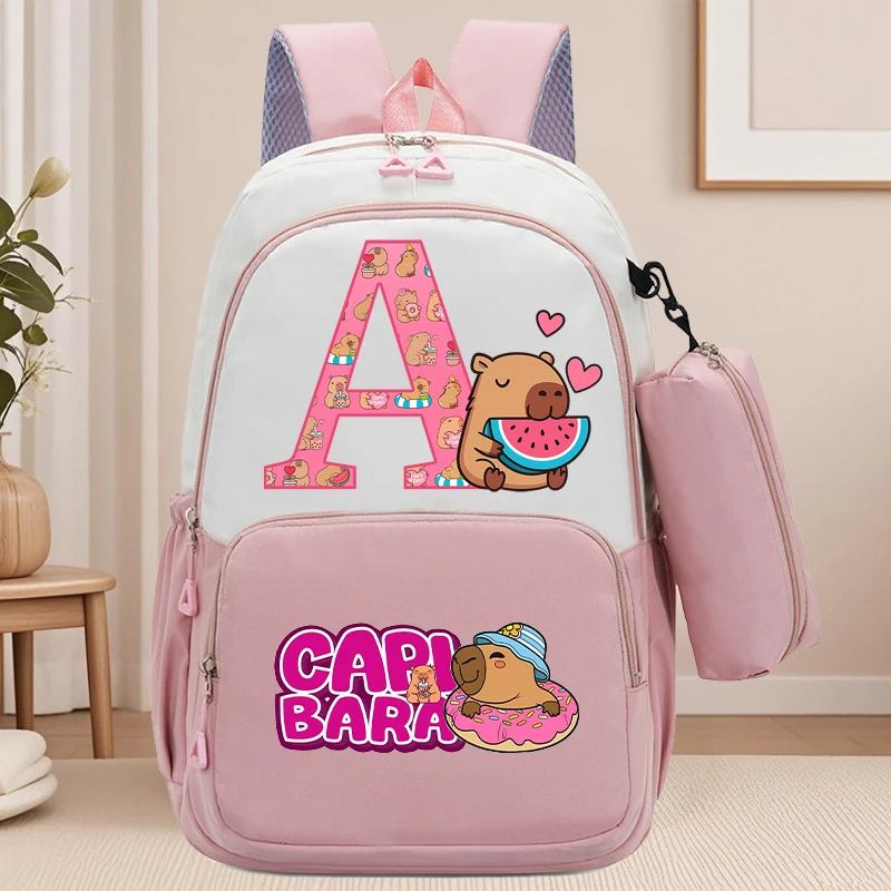 Capibara Schulranzen mit großem Fassungsvermögen und Federmäppchen für Schüler, Anime-Cartoon-bedruckte Rucksäcke, Aufbewahrungstasche für Bücher und Schreibwaren Image