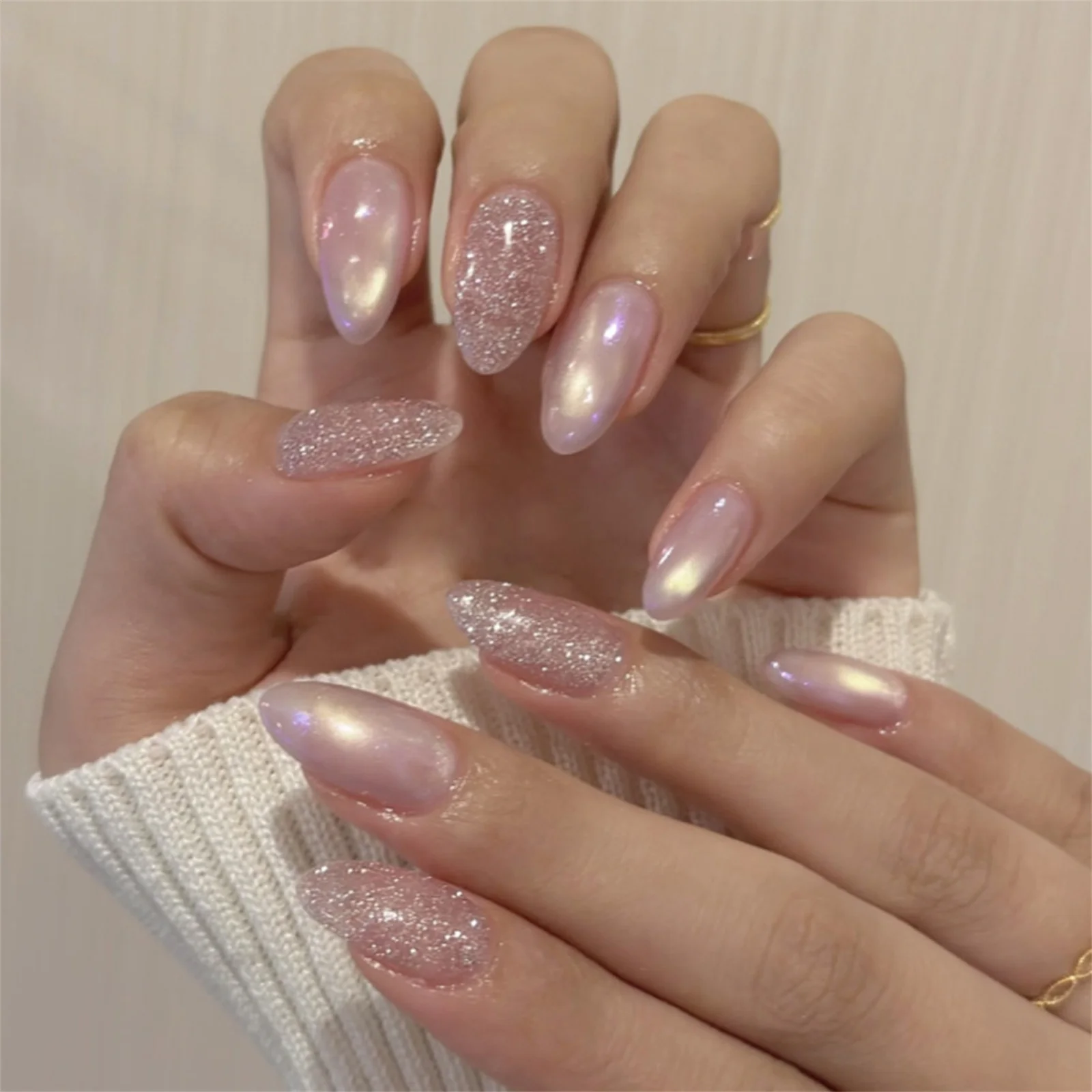 24 Stück Mandel-Kunstnägel, Nude Pink Cat Eyes, künstliche Nägel, tragbare Vollabdeckungs-Nagelspitzen, Acryl-Nagelspitzen für Frauen Image