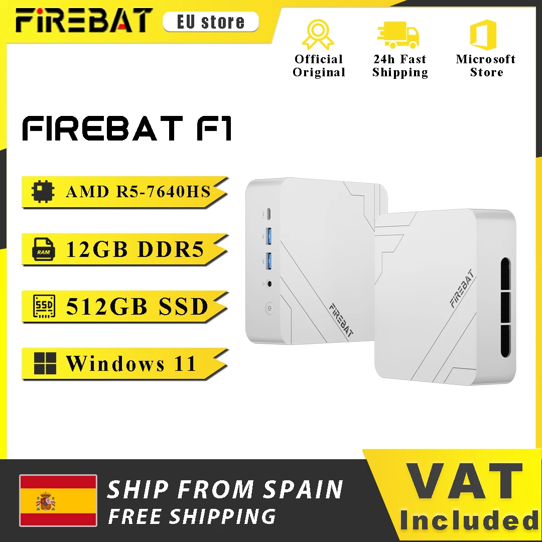 Firebat Mini-PC F1 AMD Ryzen 5 7640Hs Gaming-Desktop 12GB DDR5 512GB SSD Windows 11 Pro Wi-Fi 6 USB4.0 Kompakter Computer