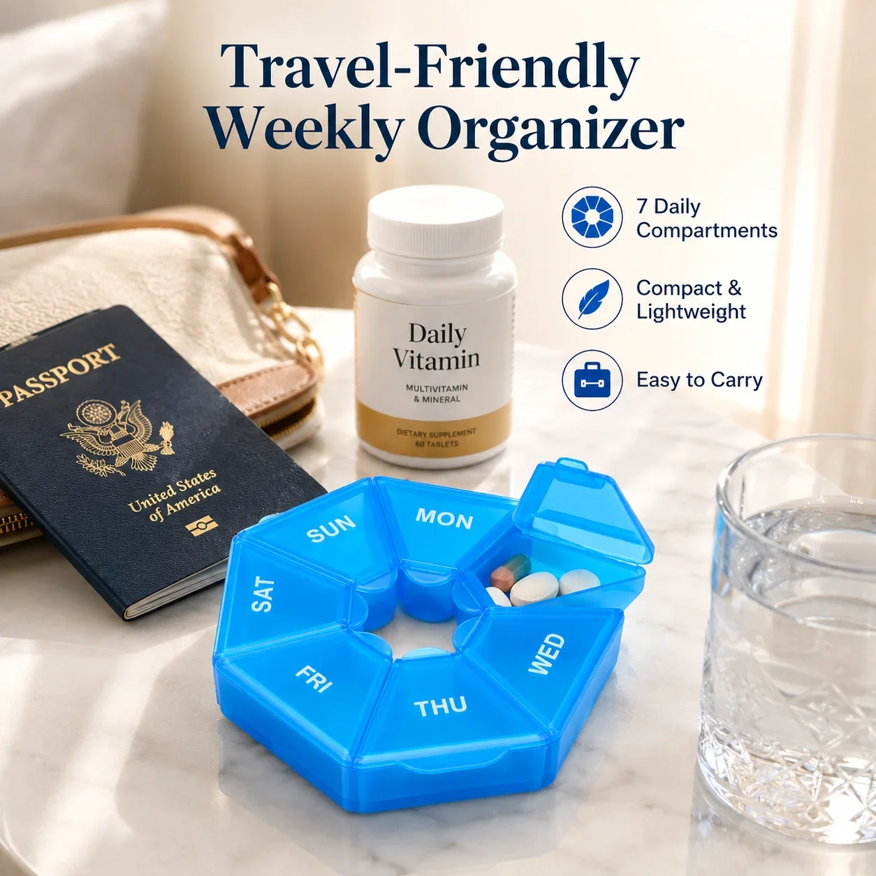 7-Tage-Pillenorganizer, Siebeneckige Form Wöchentliche Medikamentenbox, Tragbare Mini-Pillendose für Reisen und Zuhause Image