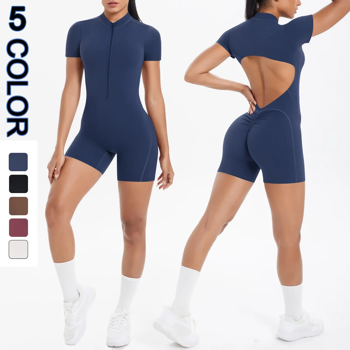 Ausgehöhlter, rückenfreier, kurzärmliger Reißverschluss-Overall für Damen, Overall, Yoga-Anzug, einteilige Legging, kurze Push-Up-Gymnastik-Yoga-Kleidung Image