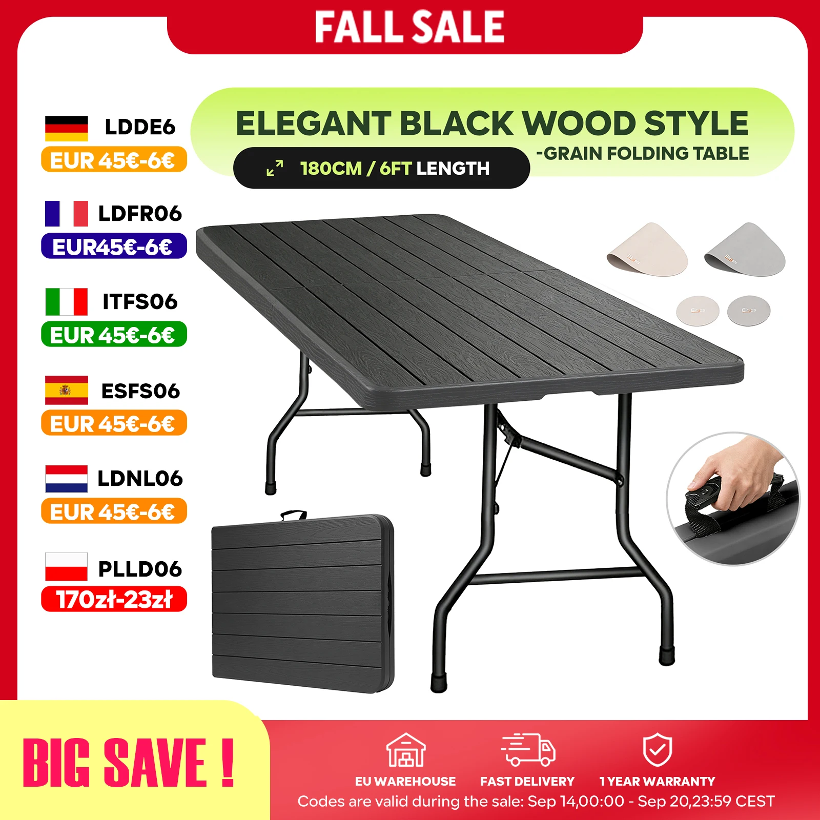 180cm Tragbarer Klapptisch HDPE Gartentisch Koffertisch Outdoor Camping 150kg + 2 Tischsets & Untersetzer