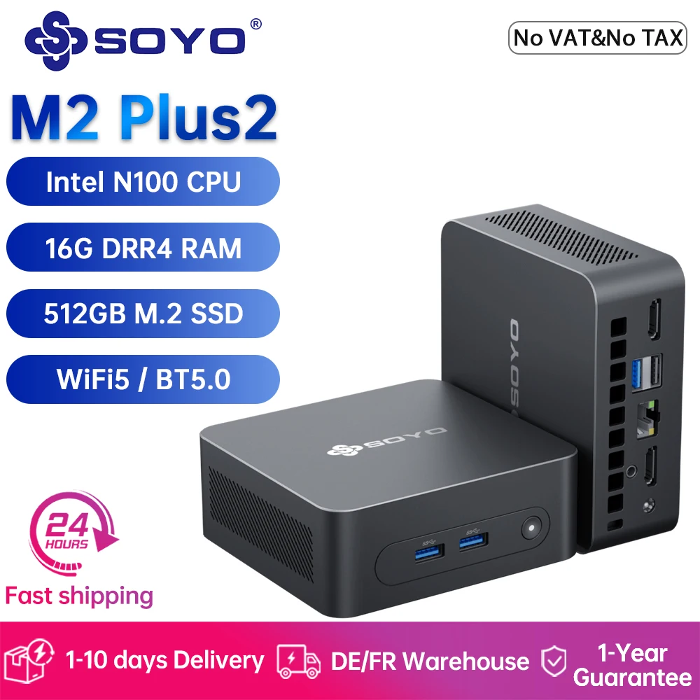 SOYO M2 Plus2 Mini-PC mit Intel 12. Gen N100 CPU, Windows 11 Pro, 16GB DDR4, 512GB SSD, WLAN5-Unterstützung, Mini-Desktop-Computer