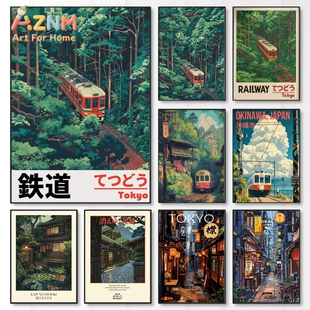 1 Stück Retro Japanische Eisenbahn-Landschaft Leinwanddruck, Tokyo Regnerische Nacht Straßenszene Wandkunst Poster für Moderne Zimmer, Schlafzimmer, Heim-Dekoration Image