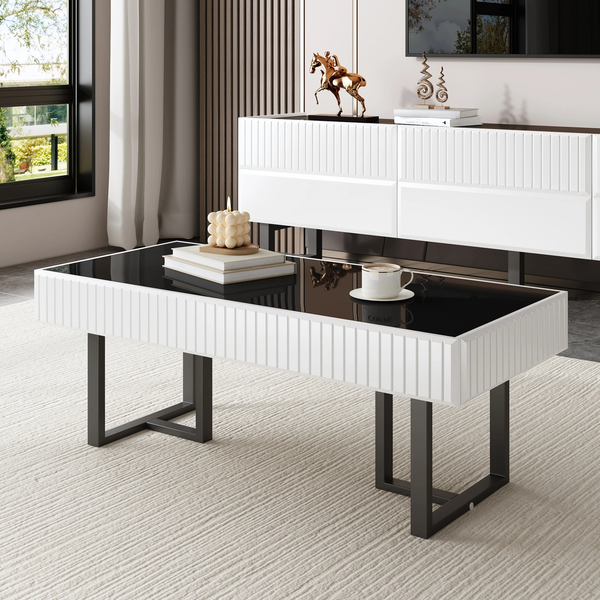 PINGGO Moderner klassischer Couchtisch in Hochglanz-Schwarz, 110 x 50,5 x 41 cm, schwarz-weißer Wohnzimmertisch