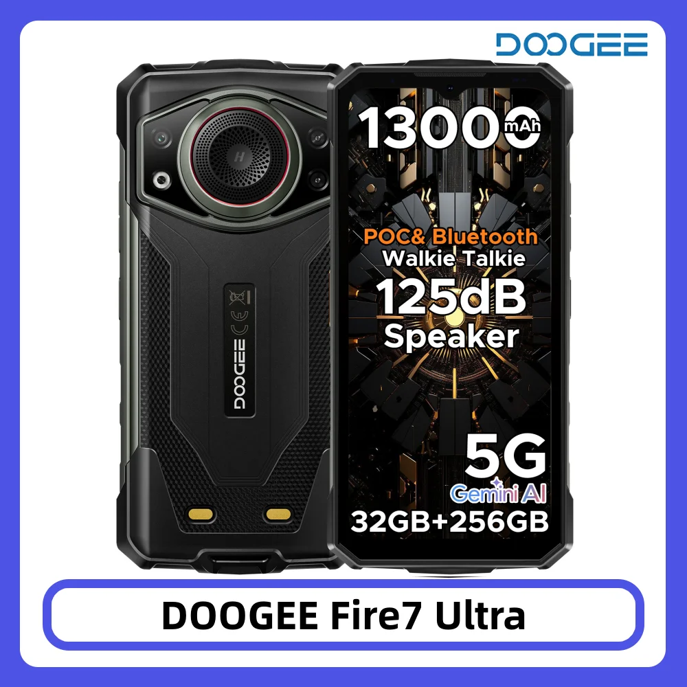 DOOGEE Fire 7 Ultra 5G Robustes Smartphone Dimensity 6300 13000mAh Akku 32GB 256GB 125dB Lautsprecher Walkie-Talkie 64MP NFC Smartphone