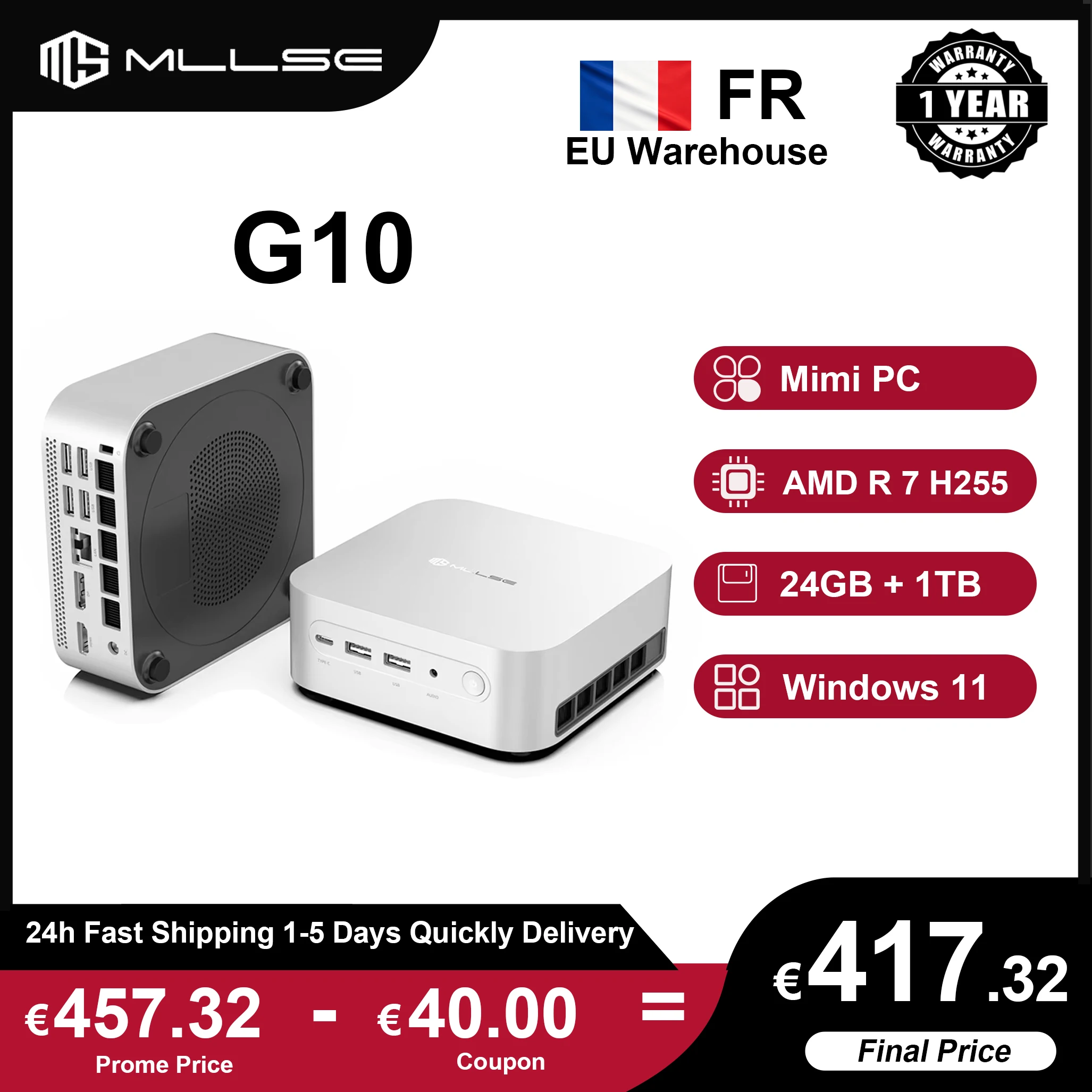 Mllse G10 Mini-PC Neuer AMD Ryzen 7 H 255 24GB RAM 1TB SSD WiFi 6 Bluetooth 5.2 USB4.0 Windows 11 Pro Mini-Desktop-Gaming-Computer