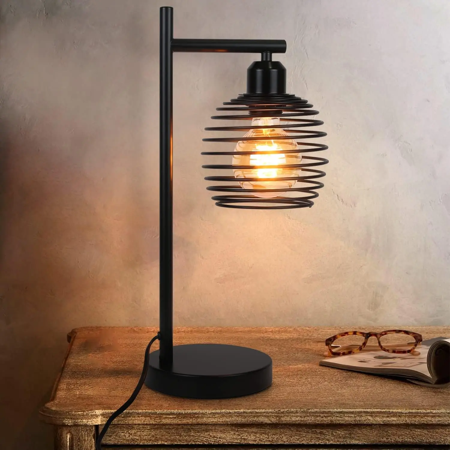 Tischlampe Vintage Nachttischlampe E27 - Schwarz Schlafzimmer industrial Tischleuchte aus Metall Max. 60W Retro Schreibtischlampe für Wohnzimmer Bedside Kinderzimmer Büro/inkl. Schalter/ohne Birne