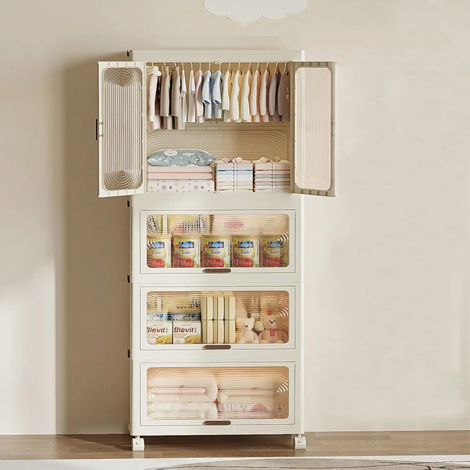4-stöckiger tragbarer Kinderkleiderschrank mit Türen – Faltbarer Kunststoffschrank mit Kleiderstange & 10 Kleiderbügeln – Rollbar, staubdicht, ideal für Schlafzimmer, Kinderzimmer, Spielzimmer –