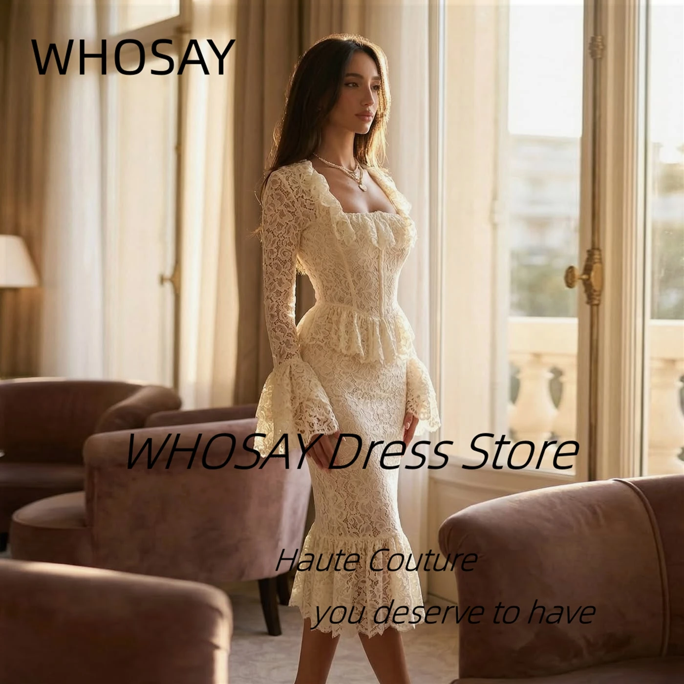 WHOSAY Tea Length Lace Prom Dresses Square Neck Long Sleeves Evening Gowns Zipper Back Birthday Party Dress Customized