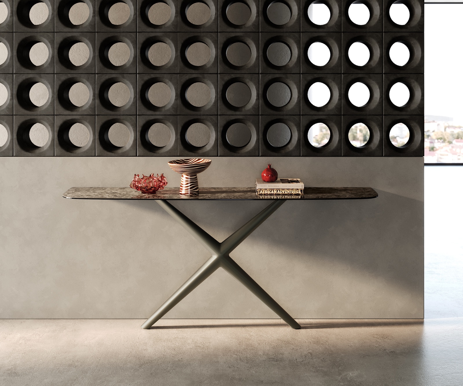 DELIFE Konsolentisch Edge Boot 180x40 cm Keramik Emperador Extra Lucidato Dunkelbraun Estelo Metall Effektfinish Titan, Konsolentische