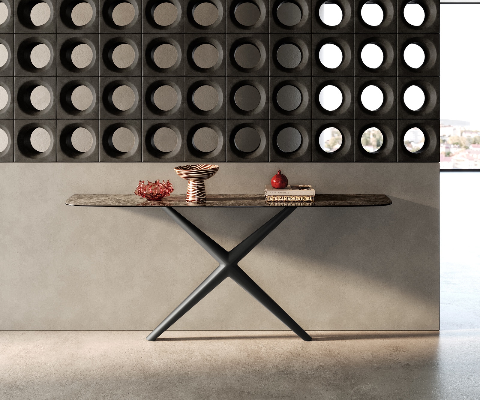 DELIFE Konsolentisch Edge Boot 180x40 cm Keramik Emperador Extra Lucidato Dunkelbraun Estelo Metall Schwarz, Konsolentische