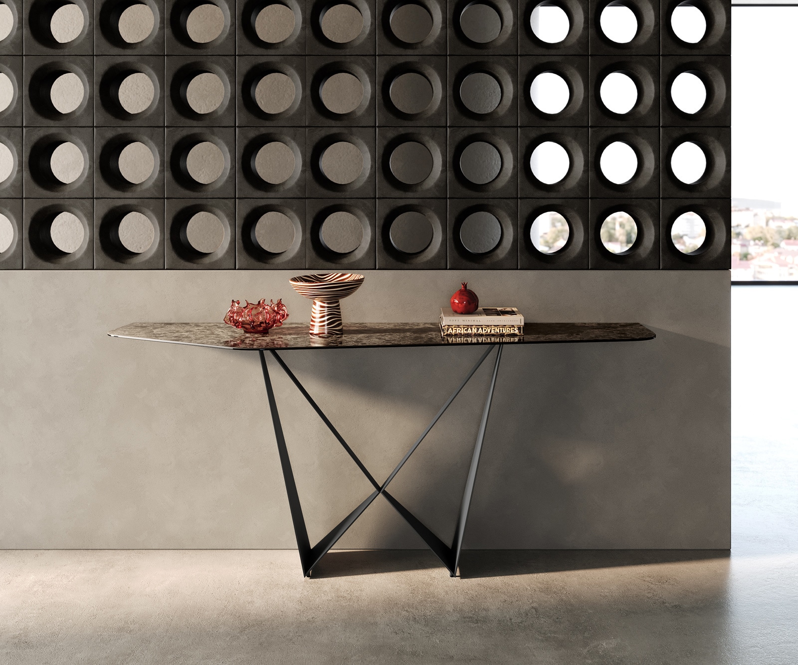 DELIFE Konsolentisch Edge Polygonal 180x50 cm Keramik Emperador Extra Lucidato Dunkelbraun Spios Metall Schwarz, Konsolentische