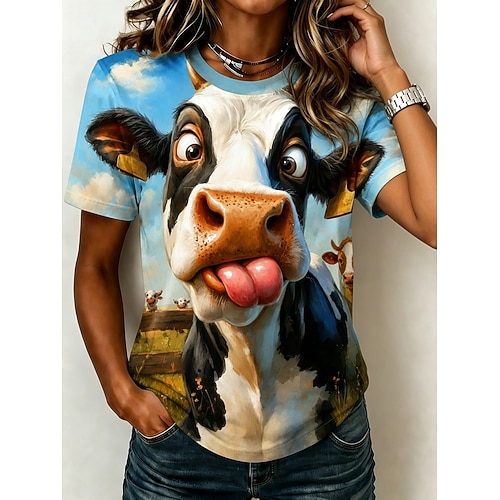 Damen T Shirt Druck Grafik Tiermotiv Kuh Vintage Stilvoll Klassisch Kurzarm Rundhalsausschnitt Normale Oberteile Lässig Täglich Blau Rosa Braun Weiß blau Sommer Frühling