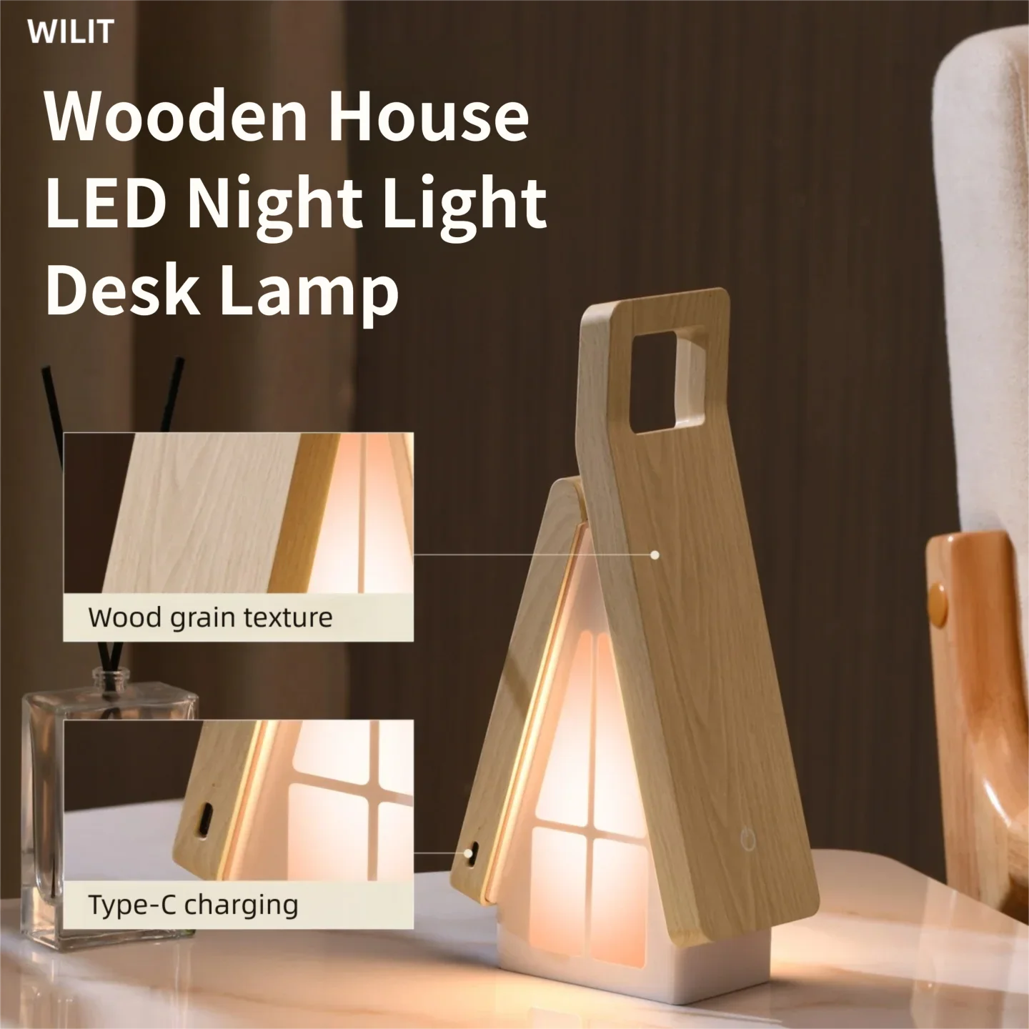 WILIT Lampe de nuit LED en forme de maison en bois, lampe de chevet, lampe de bureau, lampe de lecture, décoration de chambre d'étudiant, lampe de camping portable