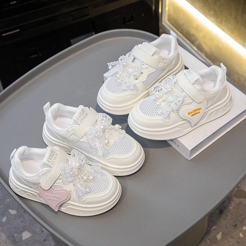 Mädchen Weiße Schuhe Frühling Herbst Neue Kinder Sportschuhe Weiche Sohle Flache Mesh Atmungsaktive Freizeitschuhe Kinder Lässige Atmungsaktive Sneaker