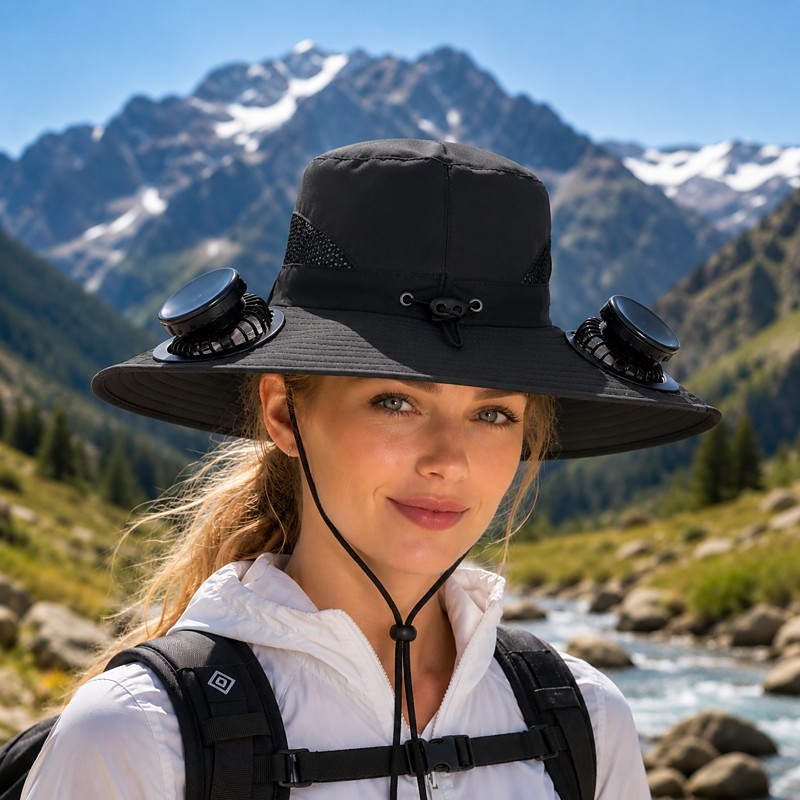 Wide Brim Solar Fan Hat,Outdoor UV Sun Protection Brim Hat with 2 Solar Fan, Travel Camping Hiking Fishing Sports Portable