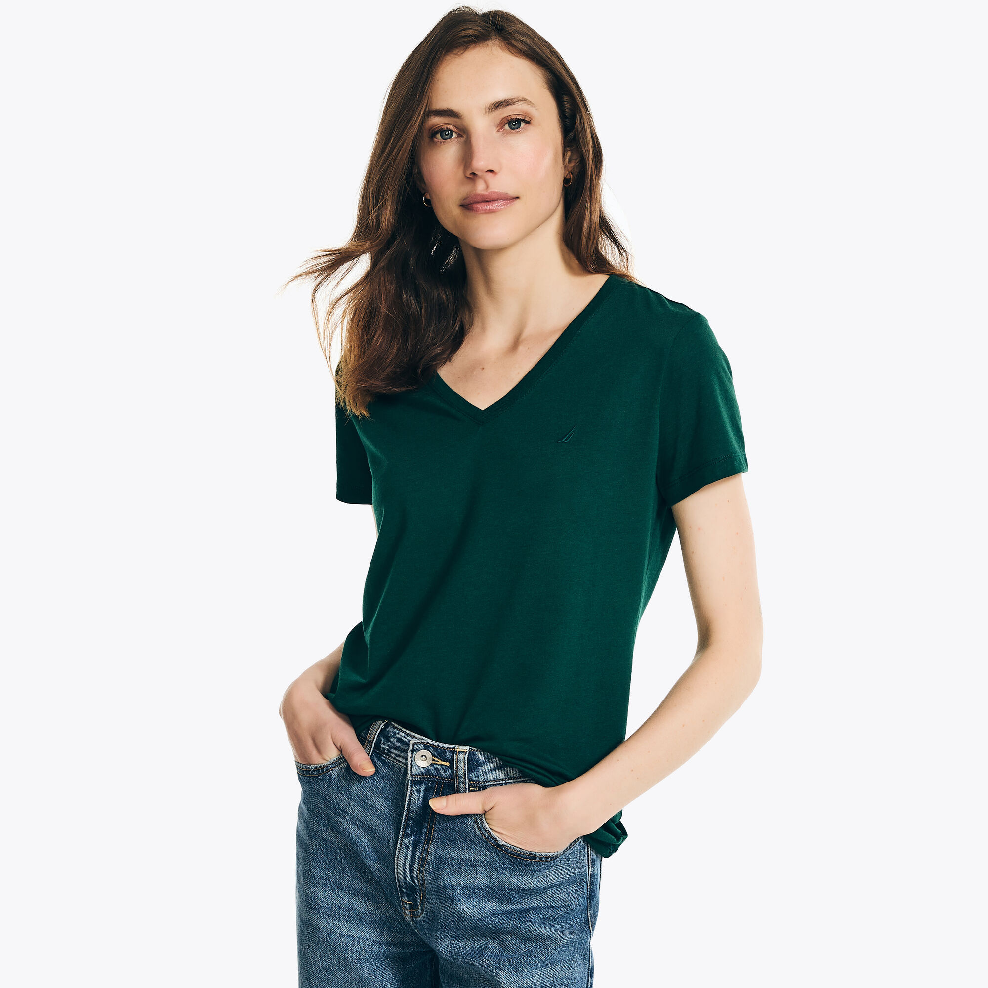 Nautica Women's V-Neck Deck T-Shirt 304 (Evergreen), XL