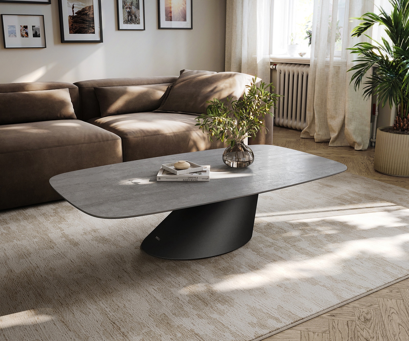 DELIFE Couchtisch Edge Boot 135x80 cm Keramik Beton Grau Conis Metall Schwarz, Couchtische