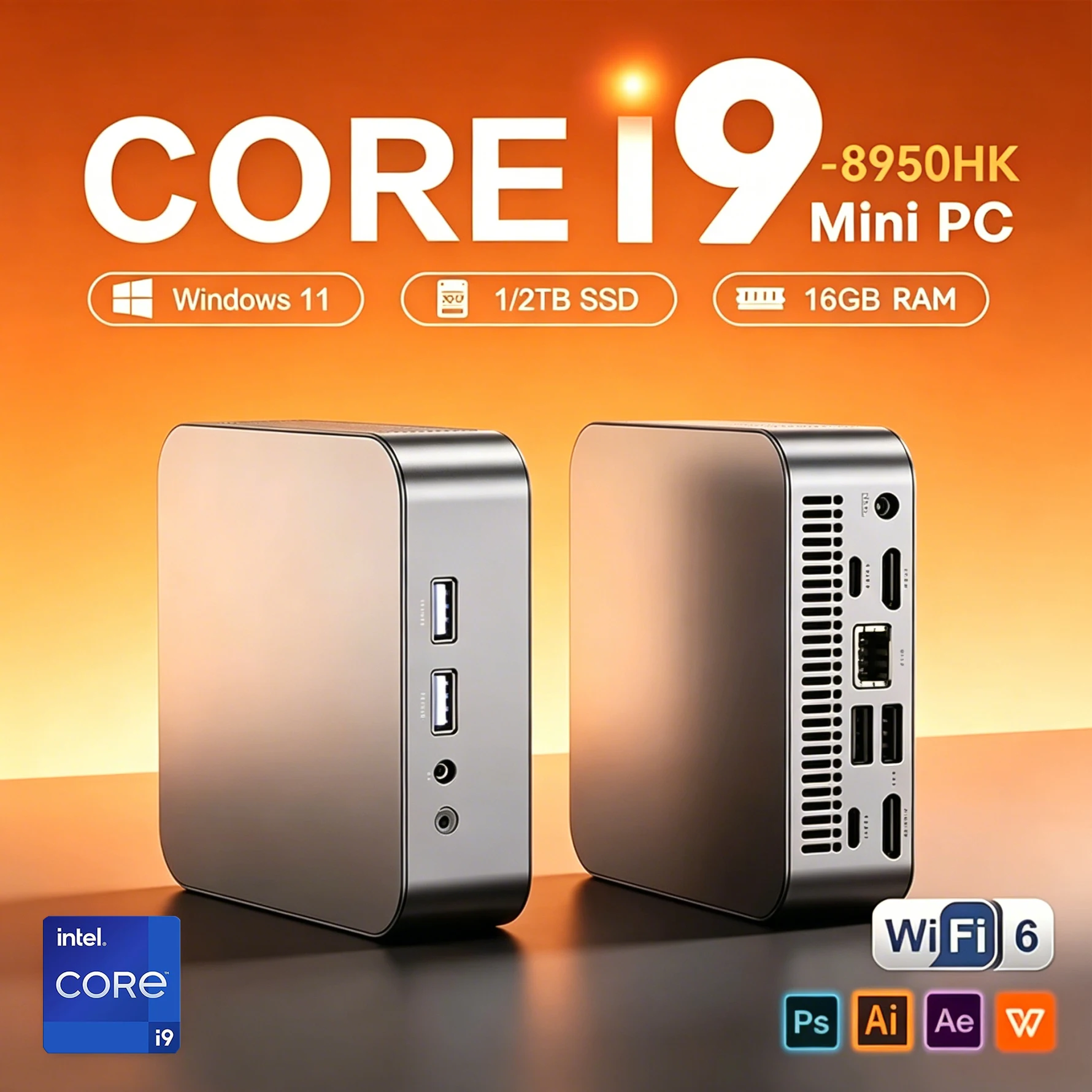 Mini PC Windows 11 Pro Intel Core i9 8950HK, graphismes UHD, petit ordinateur de poche, Mini PC WiFi 6, SSD 1 To/2 To, ordinateur de bureau pour jeux