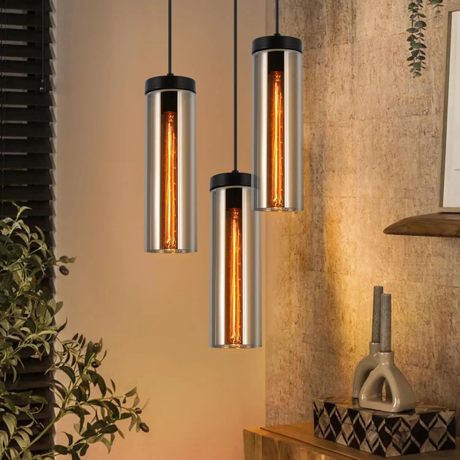 Hängelampe Vintage Hängeleuchte Esstisch - 3 Flammig Pendelleuchte Glas Esstischlampe Retro E27 Esszimmerlampe Höhenverstellbar Pendellampe Hängend für Küchen Wohnzimmer (ohne Leuchtmittel)
