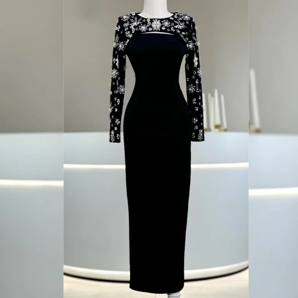 Customized Chinese Style Jersey Sequined Straight Scoop Neck Midi Dresses Bespoke Occasion Exquisite Retro