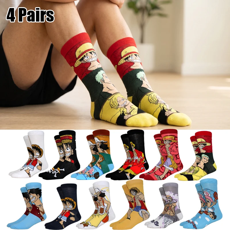 4 Paar neue modische ONE PIECE Anime-Socken, kniehohe Damen-Cosplay-Socken, Persönlichkeit, Hip Hop, Harajuku, Herren, lustige Socken, Größe 36–44