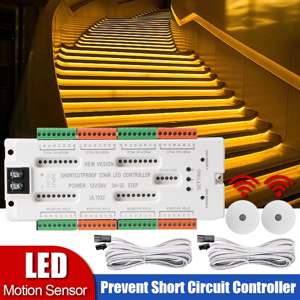 DC12V/24V verhindern Kurzschluss-Controller, Leiter, Nachtlicht, 32 Kanäle, Treppen-LED-Bewegungsmelder-Licht