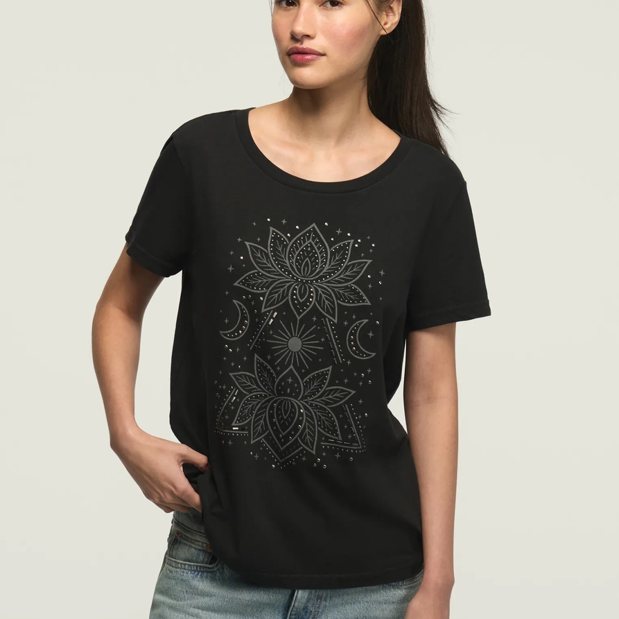 Lucky Brand Double Lotus Classic Crew in Jet Black, Size XS