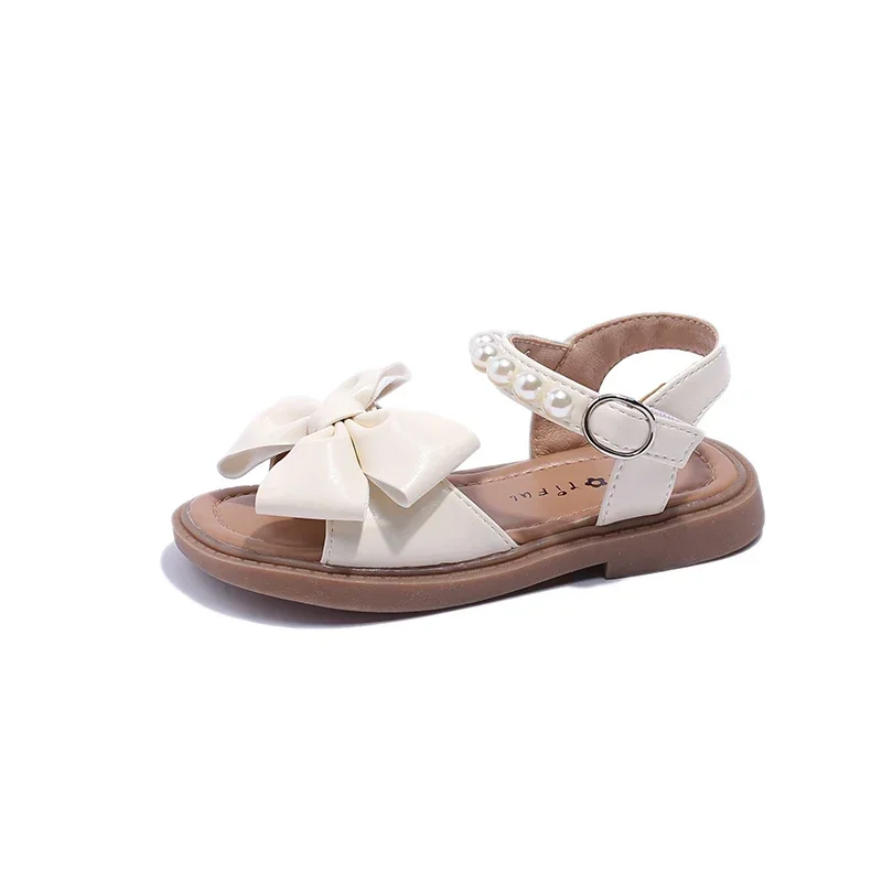 Mädchen Sandalen Kinder Mode Flache PU Bogen Perlen 2023 Vielseitige Casual Schuhe Atmungsaktive Weiche Süße Prinzessin Kinder Schuhe Koreanische