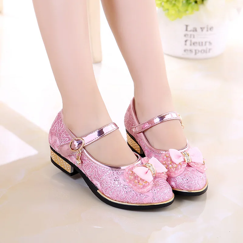 2025, Damen-Freizeitschuhe, Kinder-High-Heels, Prinzessin, Mädchen, glänzendes Regenbogen-Kristall-Leder, rosafarbene Gold-Schuhe, Größe 23–36