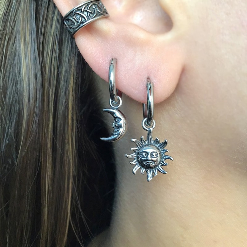Bohemian Sun Moon Stainless Steel Dangle Earrings Celestial Statement Jewelry For Women silver