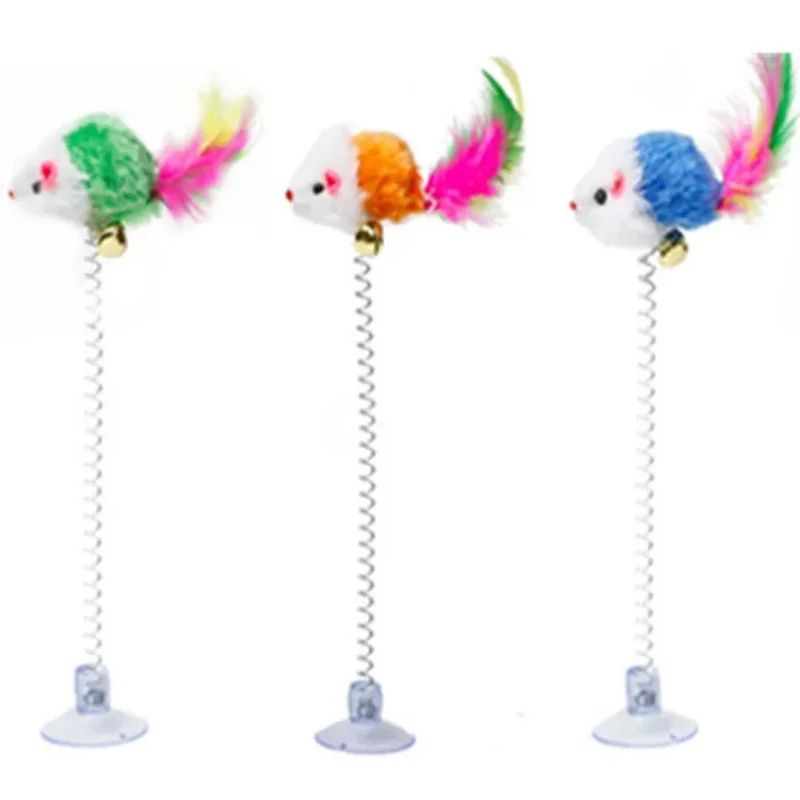 Interactive Suction Cup Spring Cat Toy Feather Mouse Teaser Wand For Indoor Cats 5 Pcs
